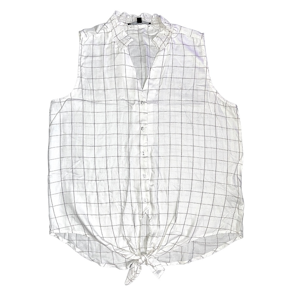 Harvé Benard White Plaid V-Neck Sleeveless Button-Up Tie Waist Collared Blouse L